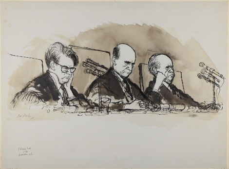 Die Richter Moshe Landau, Benjamin Halevi und Yitzhak Raveh